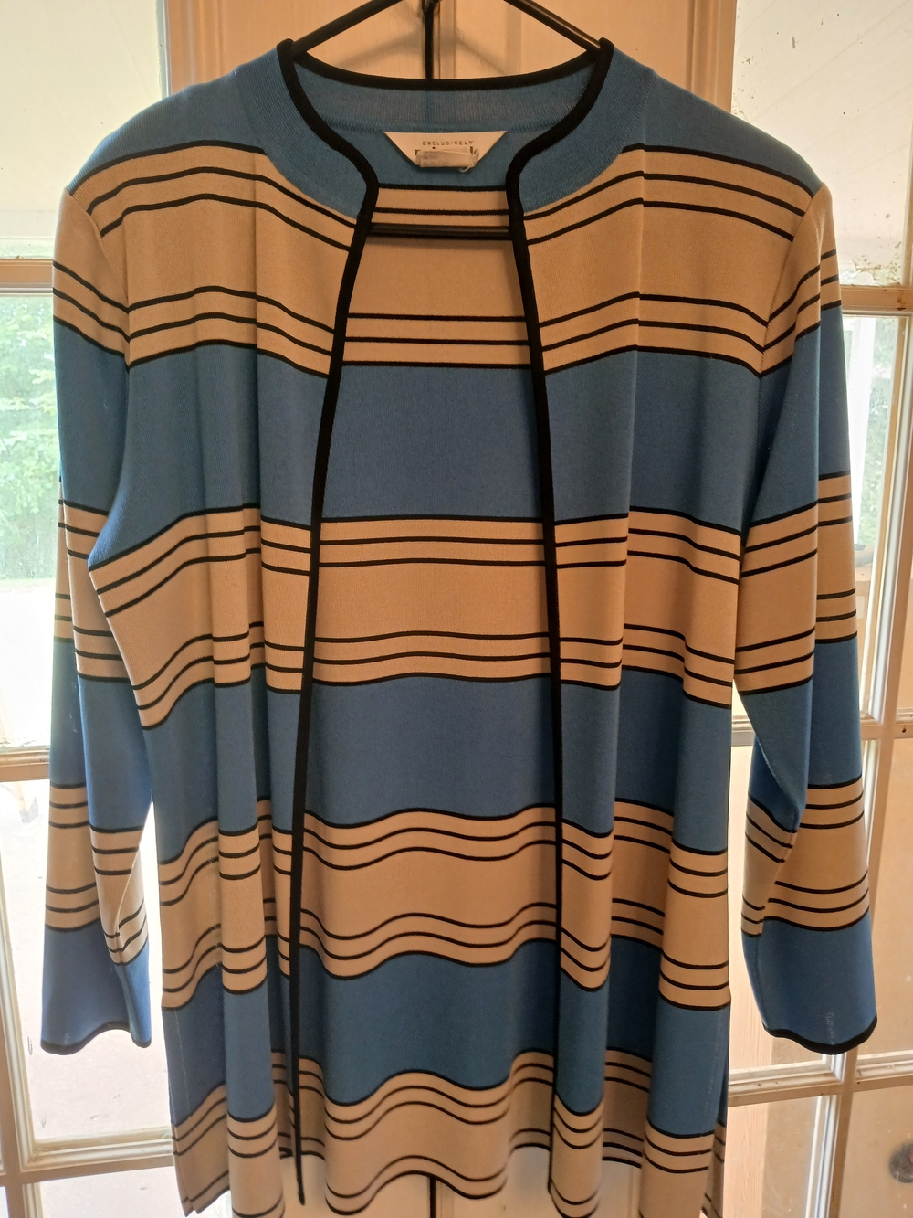Misook Blue and Cream Striped Open Cardigan with Black Piping